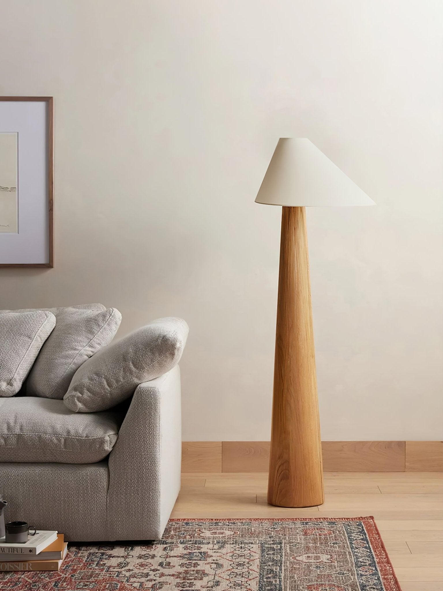 Modern Wood Floor Lamp with Asymmetrical Linen Shade for Contemporary Living Room Lighting