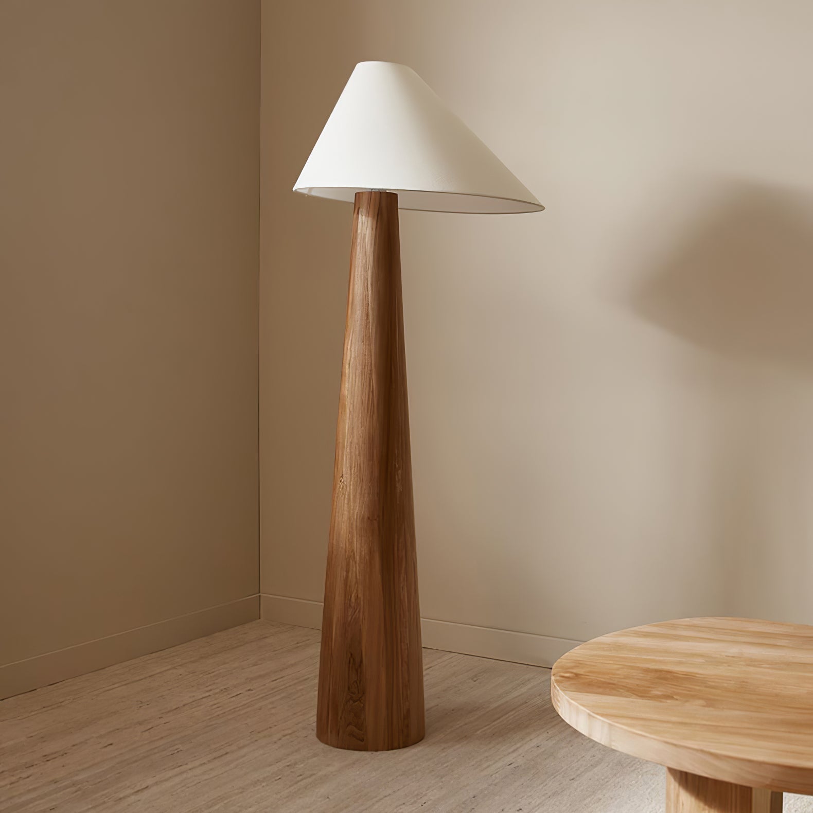 Modern Wood Floor Lamp with Asymmetrical Linen Shade for Contemporary Living Room Lighting