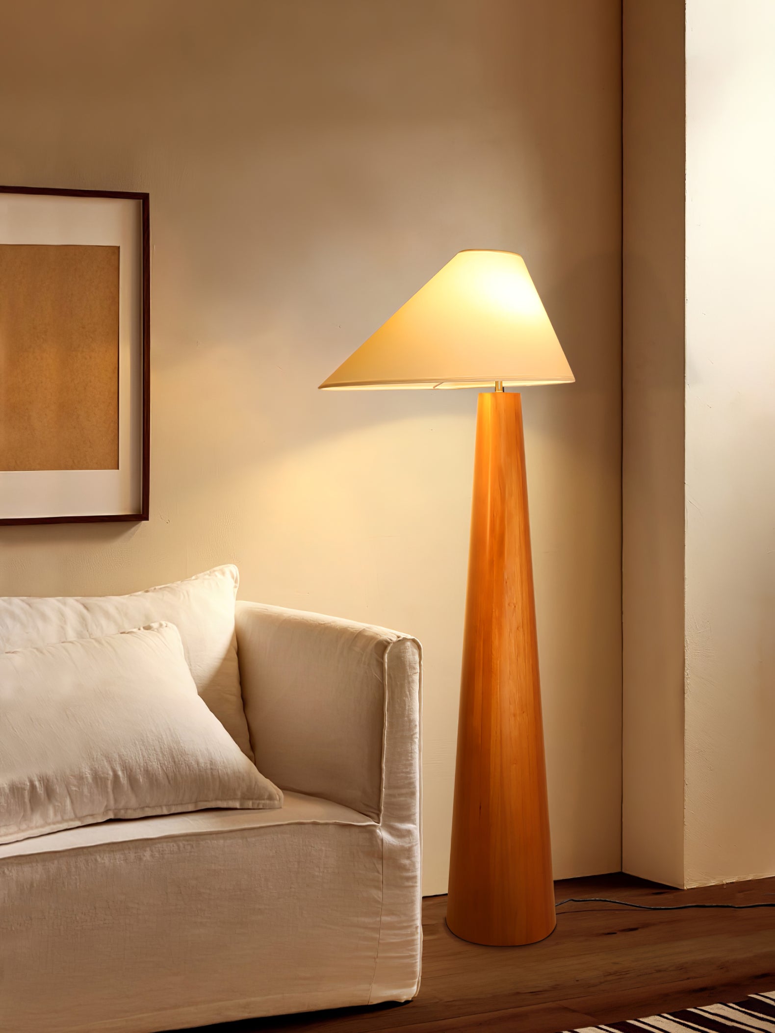 Modern Wood Floor Lamp with Asymmetrical Linen Shade for Contemporary Living Room Lighting