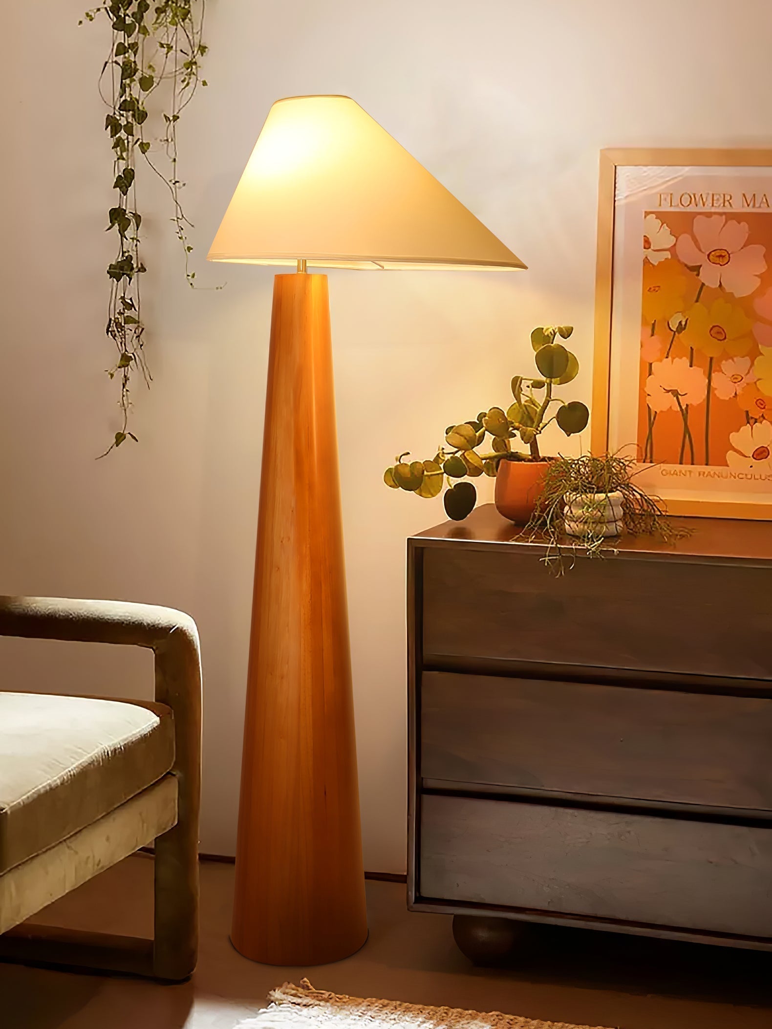 Modern Wood Floor Lamp with Asymmetrical Linen Shade for Contemporary Living Room Lighting