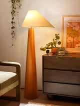 Modern Wood Floor Lamp with Asymmetrical Linen Shade for Contemporary Living Room Lighting
