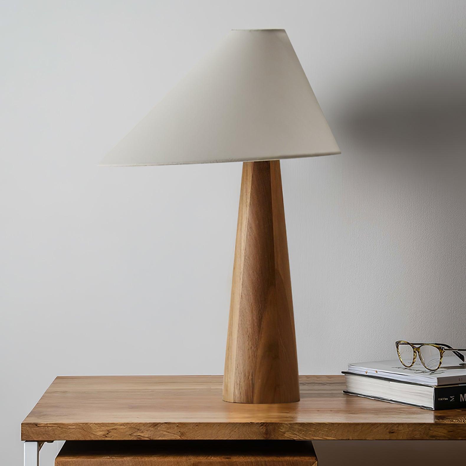 Minimalist Wooden Bedside Table Lamp with Asymmetrical White Fabric Shade