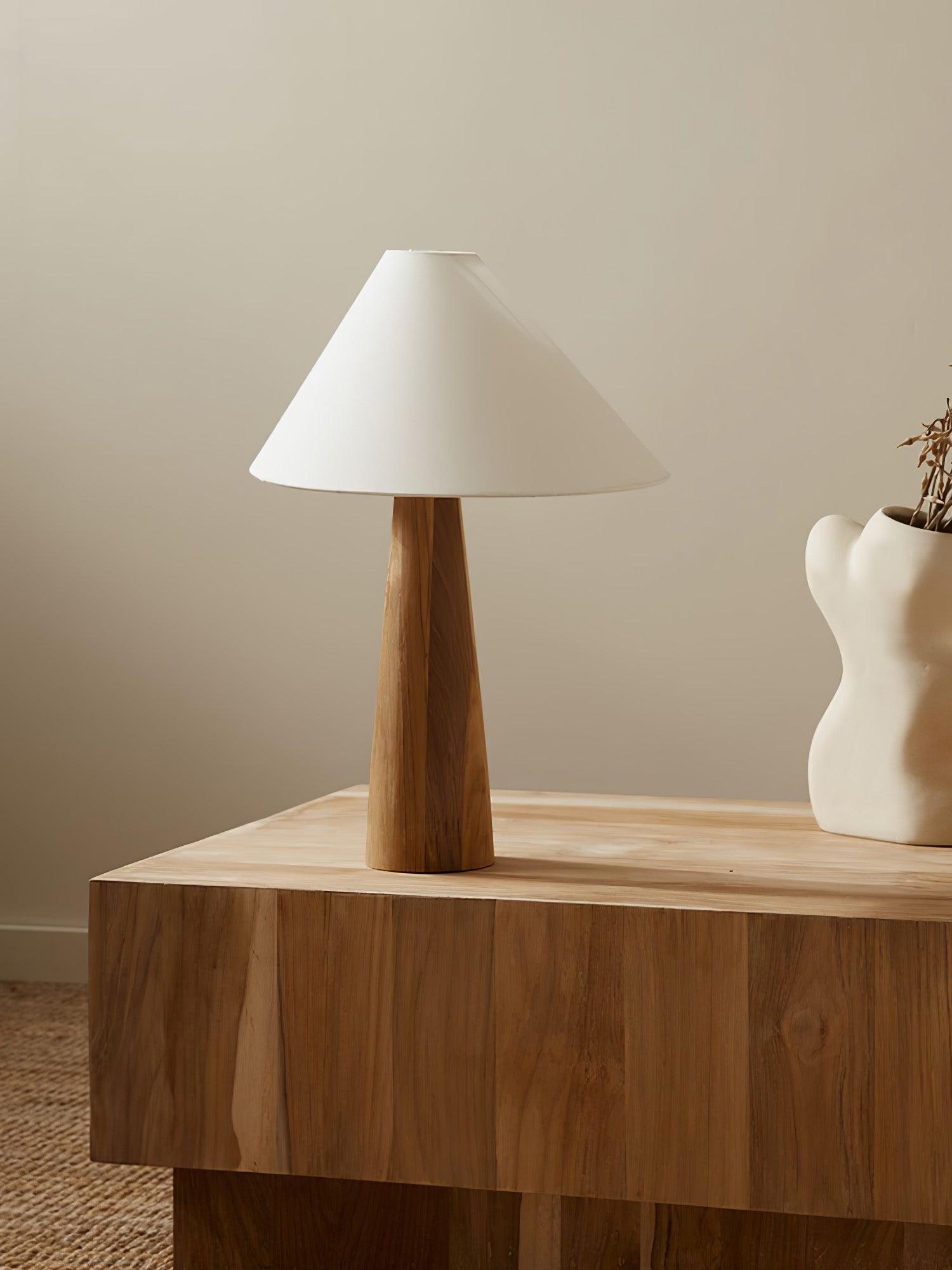Minimalist Wooden Bedside Table Lamp with Asymmetrical White Fabric Shade