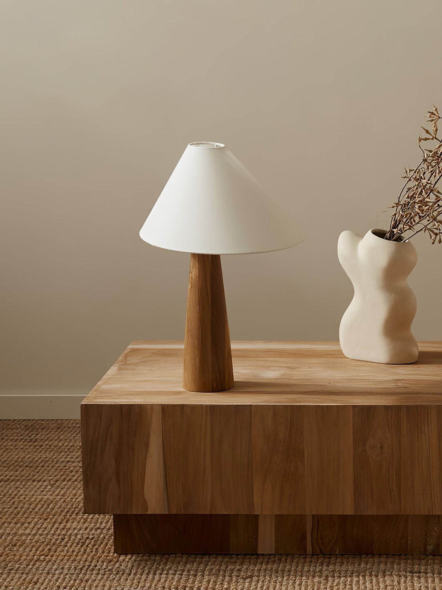 Minimalist Wooden Bedside Table Lamp with Asymmetrical White Fabric Shade