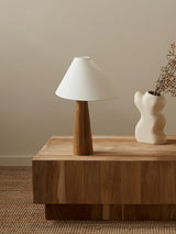 Minimalist Wooden Bedside Table Lamp with Asymmetrical White Fabric Shade