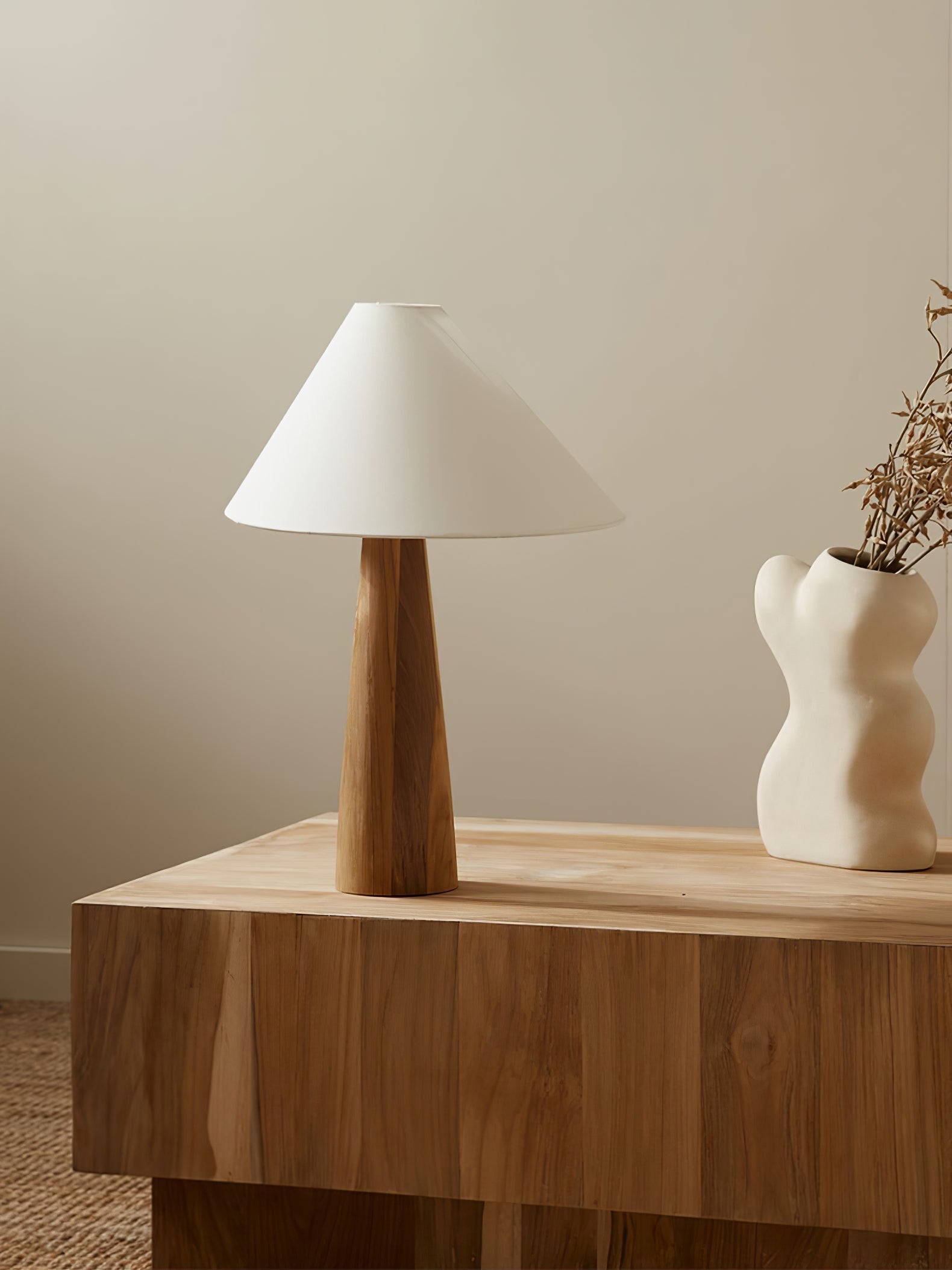 Minimalist Wooden Bedside Table Lamp with Asymmetrical White Fabric Shade
