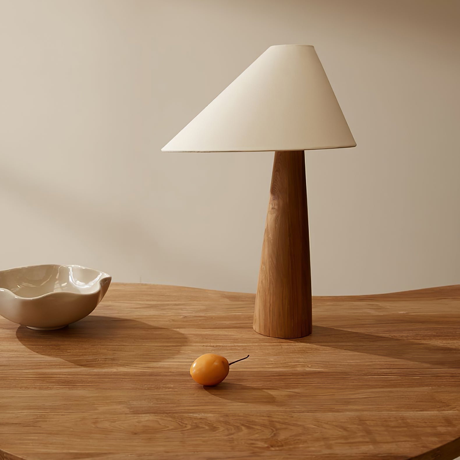 Minimalist Wooden Bedside Table Lamp with Asymmetrical White Fabric Shade