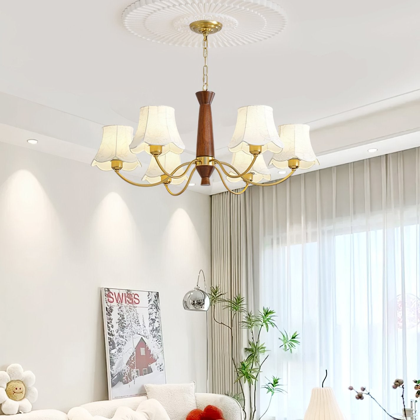 modern-conical-fabric-chandelier-with-brass-and-walnut-wood-accents-for-living-room