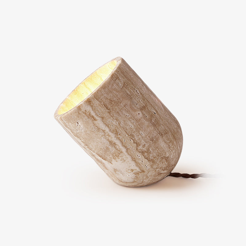 Modern Yellow Travertine Stone Table Lamp with Natural Wood Edge for Bedside