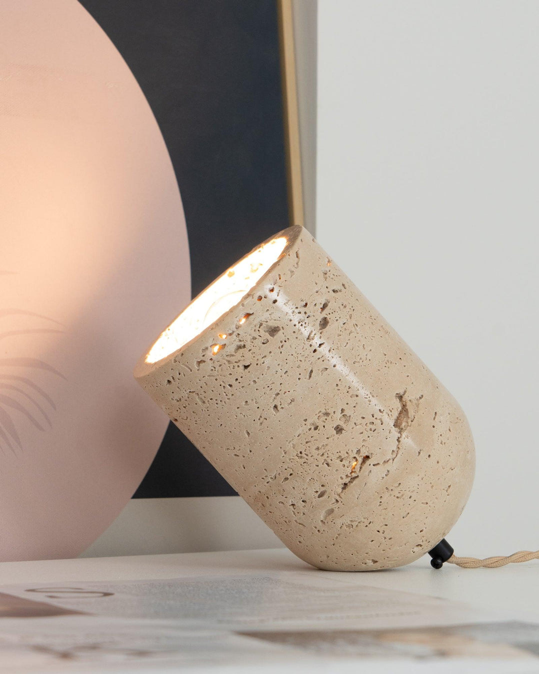 Modern Yellow Travertine Stone Table Lamp with Natural Wood Edge for Bedside