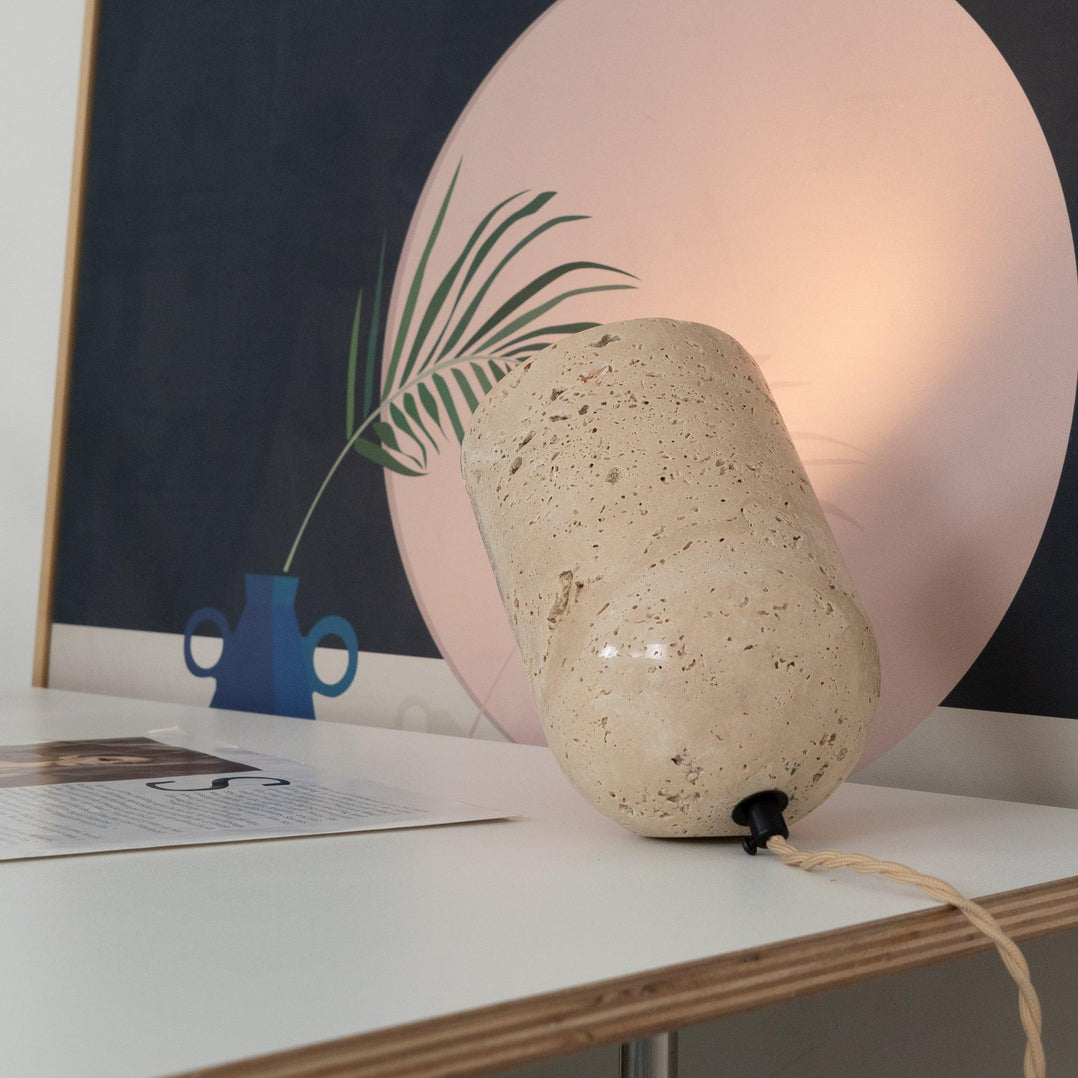 Modern Yellow Travertine Stone Table Lamp with Natural Wood Edge for Bedside
