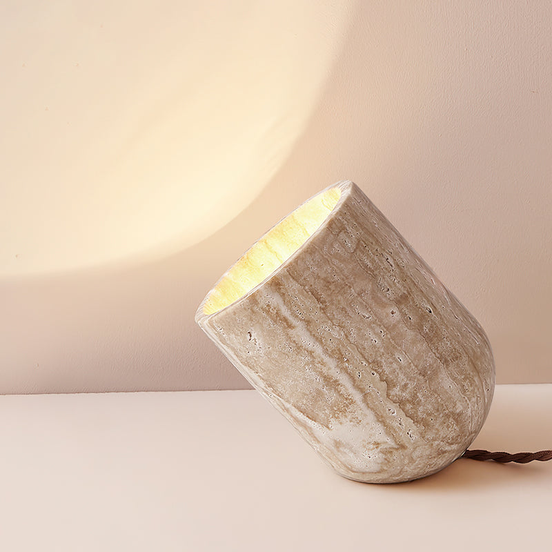 Modern Yellow Travertine Stone Table Lamp with Natural Wood Edge for Bedside
