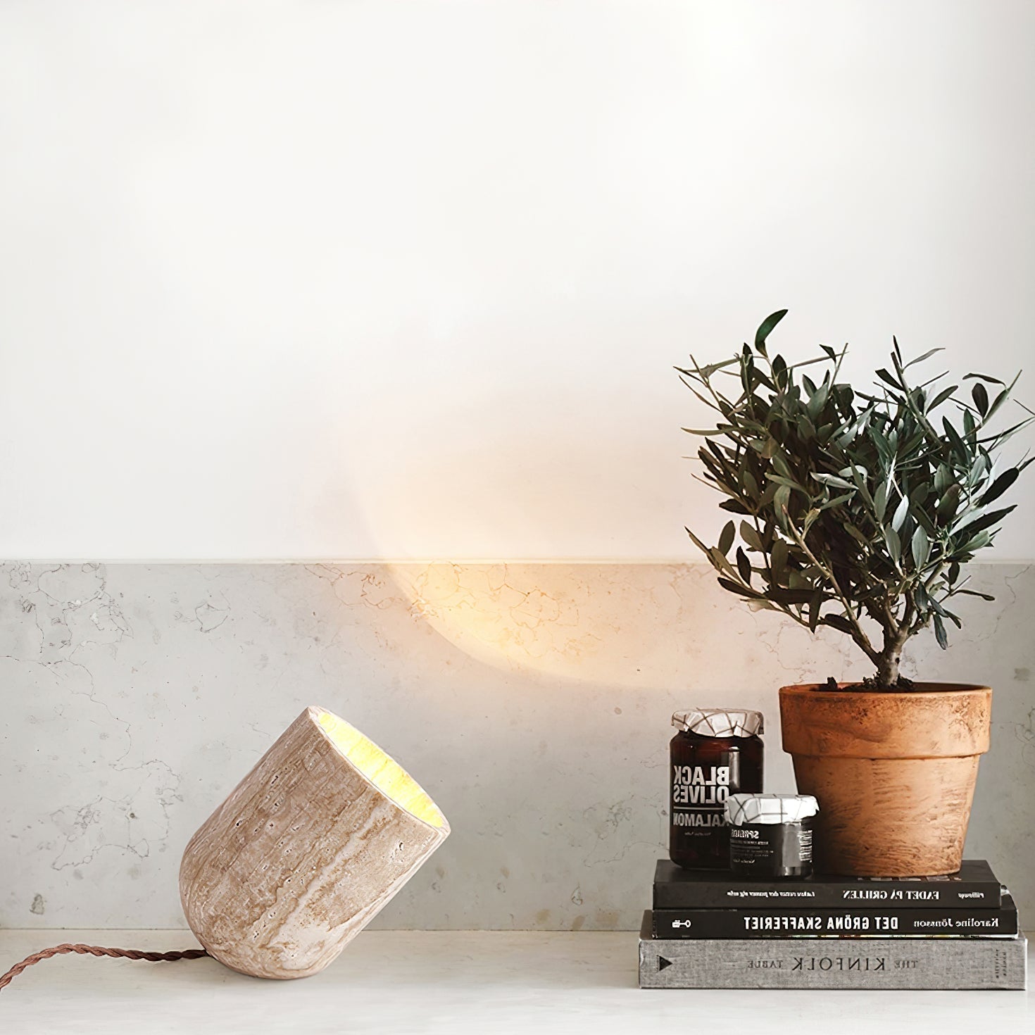 Modern Yellow Travertine Stone Table Lamp with Natural Wood Edge for Bedside
