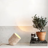 Modern Yellow Travertine Stone Table Lamp with Natural Wood Edge for Bedside
