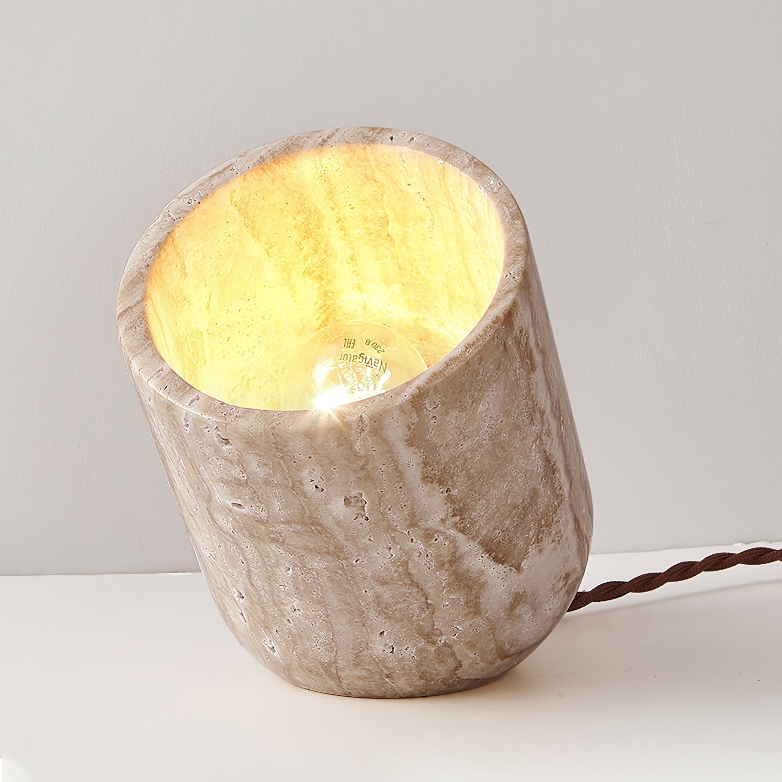 Modern Yellow Travertine Stone Table Lamp with Natural Wood Edge for Bedside