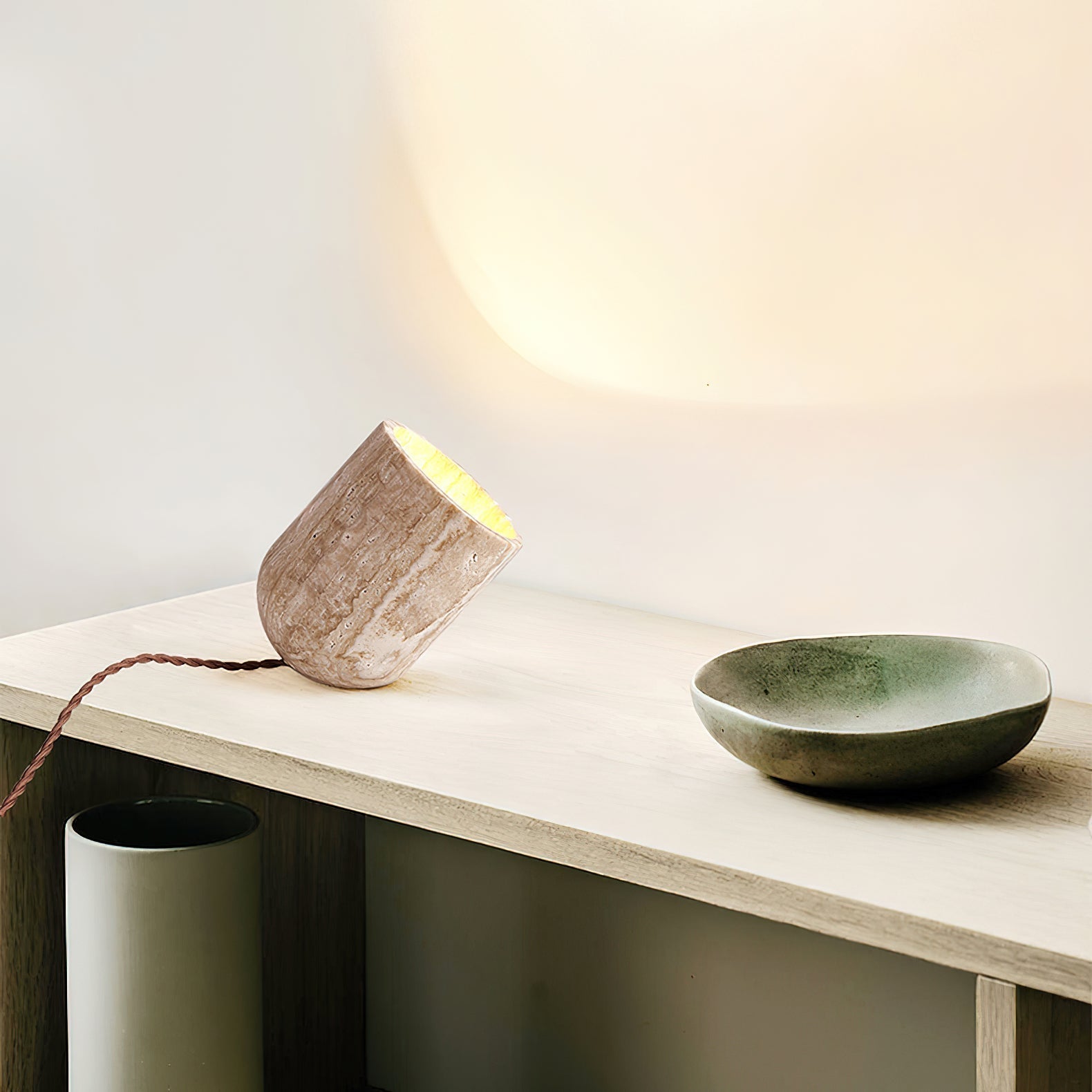 Modern Yellow Travertine Stone Table Lamp with Natural Wood Edge for Bedside