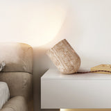 Modern Yellow Travertine Stone Table Lamp with Natural Wood Edge for Bedside