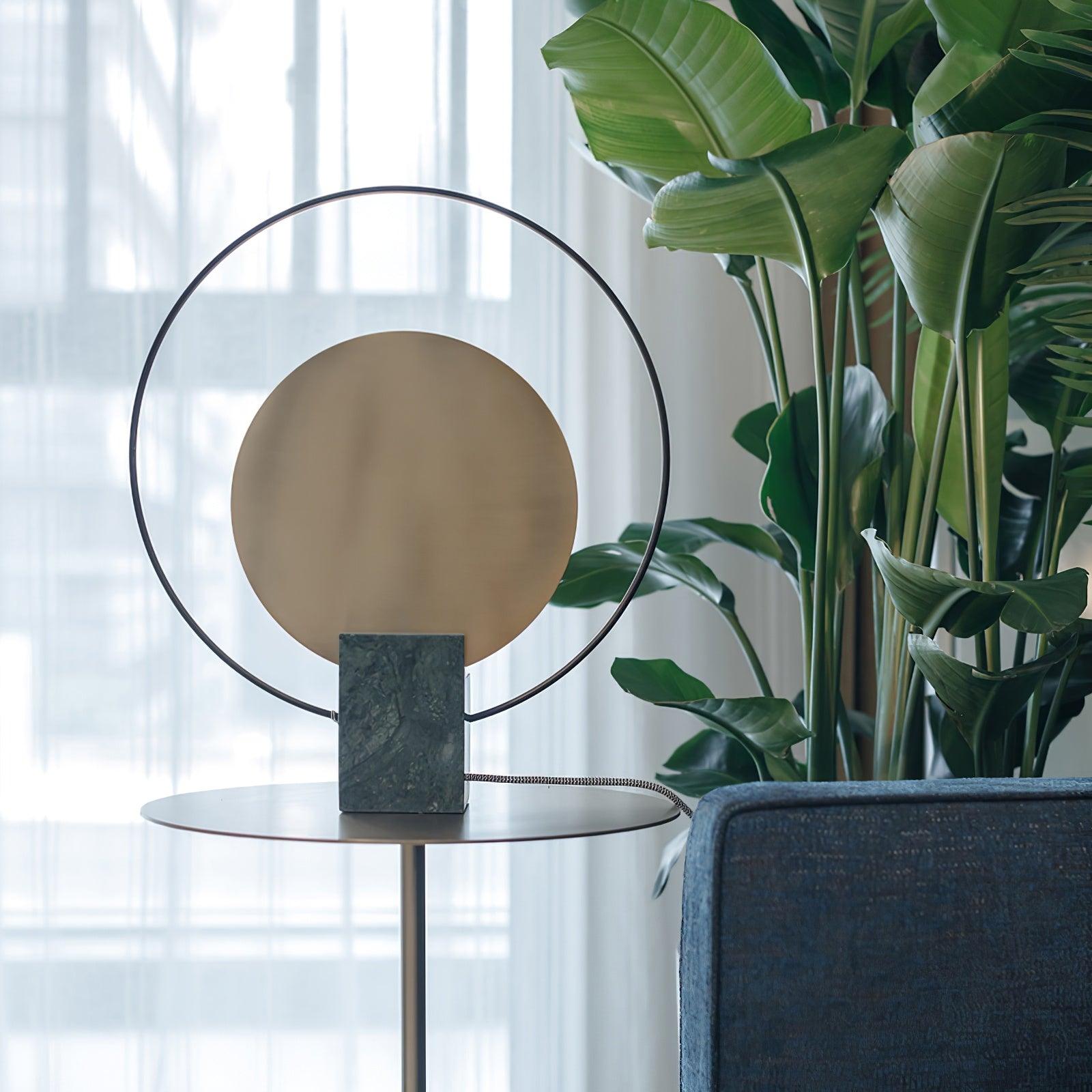 Geometric Hoop Industrial LED Table Lamp with Marble Base and Aged Gold Accents