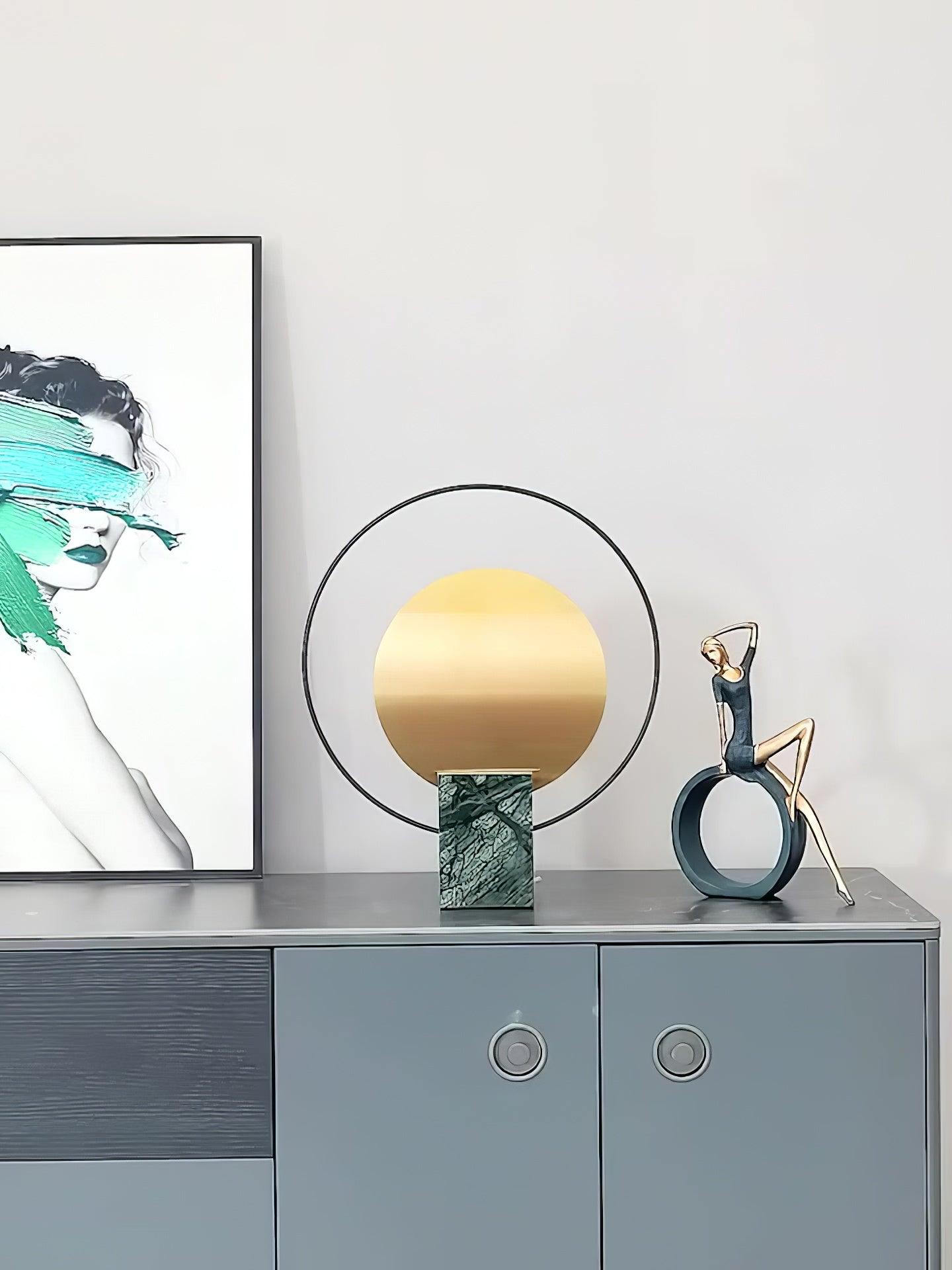 Geometric Hoop Industrial LED Table Lamp with Marble Base and Aged Gold Accents