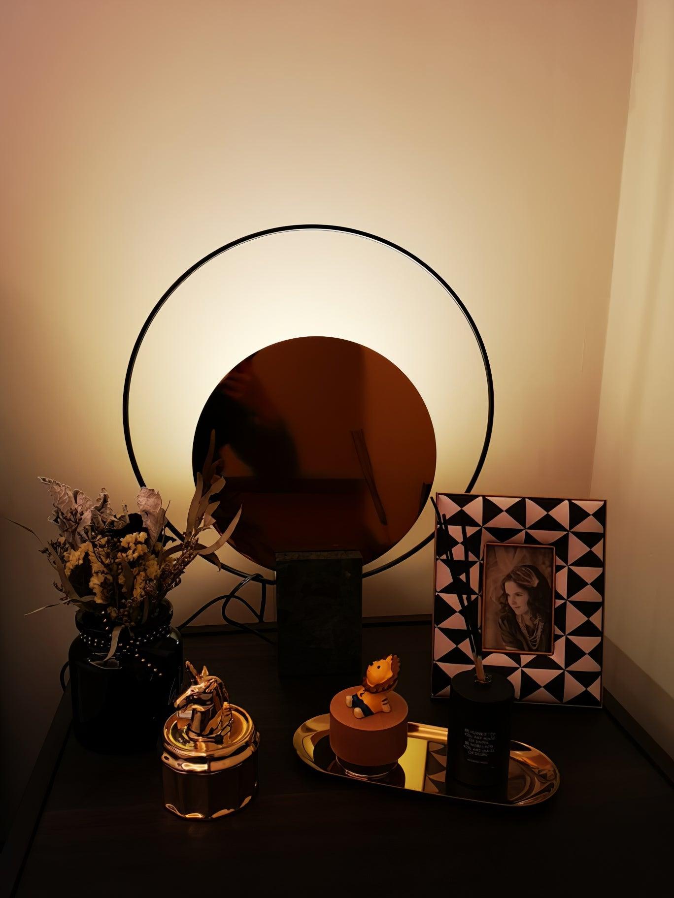 Geometric Hoop Industrial LED Table Lamp with Marble Base and Aged Gold Accents