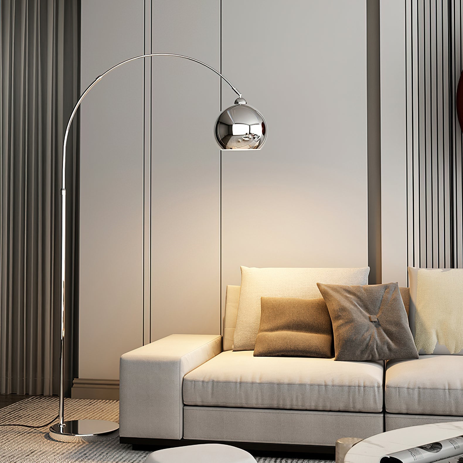 Modern Angler Chrome Floor Lamp with Adjustable Telescopic Arm and Metal Uplight for Living Room