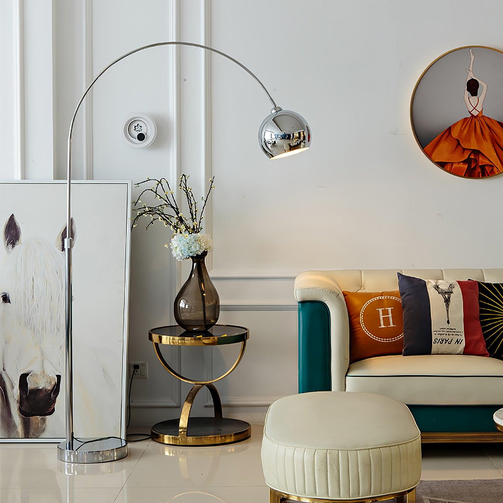 Modern Angler Chrome Floor Lamp with Adjustable Telescopic Arm and Metal Uplight for Living Room