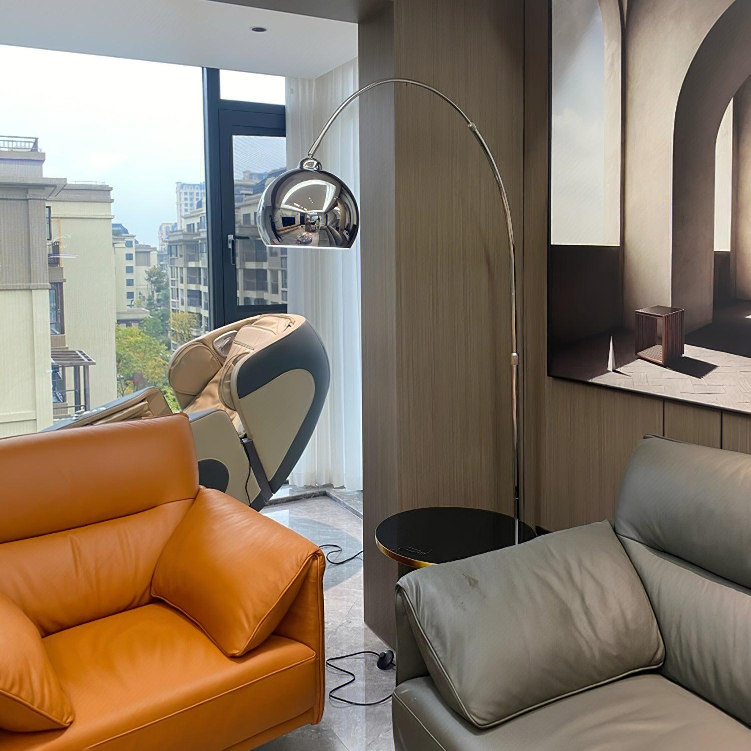 Modern Angler Chrome Floor Lamp with Adjustable Telescopic Arm and Metal Uplight for Living Room