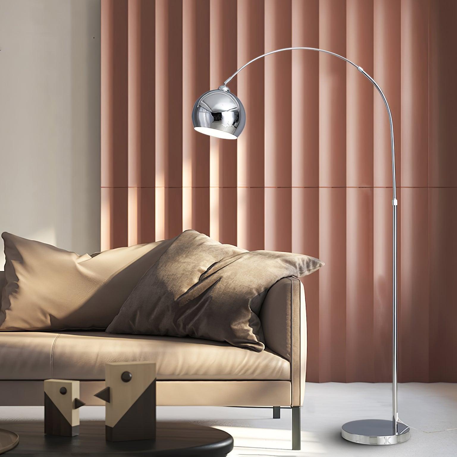 Modern Angler Chrome Floor Lamp with Adjustable Telescopic Arm and Metal Uplight for Living Room