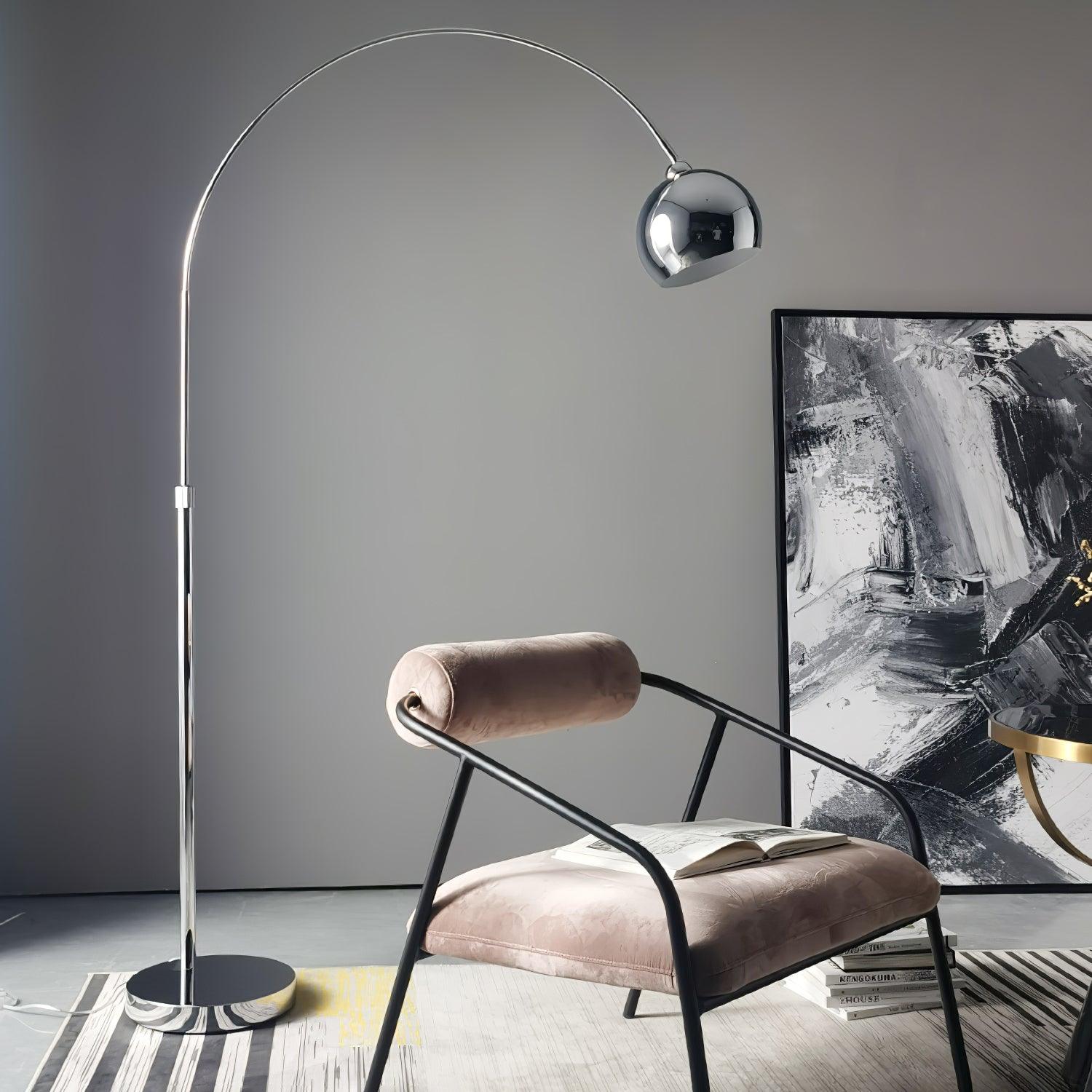 Modern Angler Chrome Floor Lamp with Adjustable Telescopic Arm and Metal Uplight for Living Room