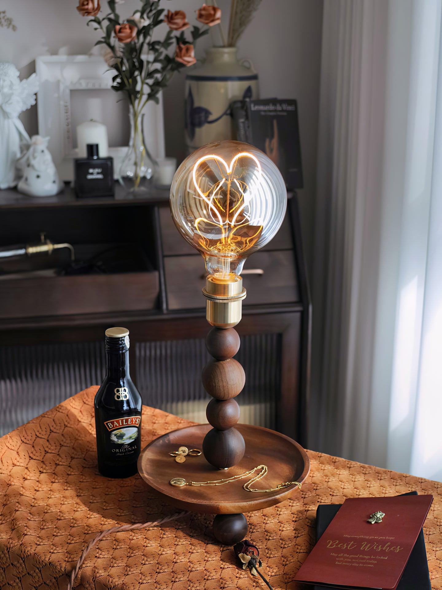 Modern Walnut Wood and Glass Love Table Lamp for Bedside and Reading