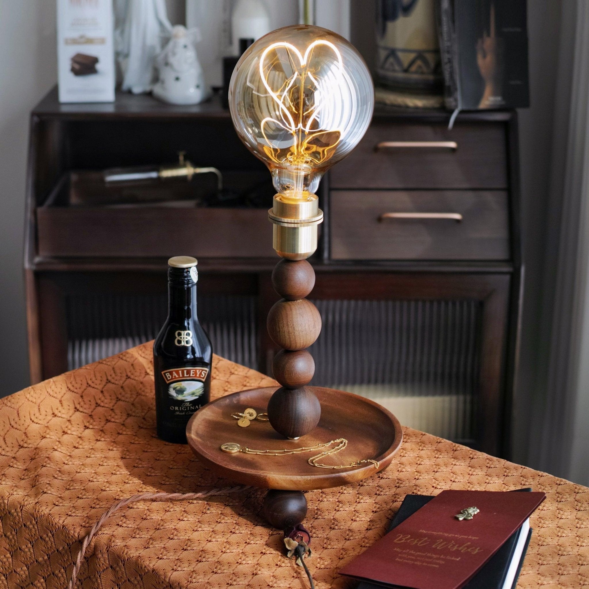 Modern Walnut Wood and Glass Love Table Lamp for Bedside and Reading