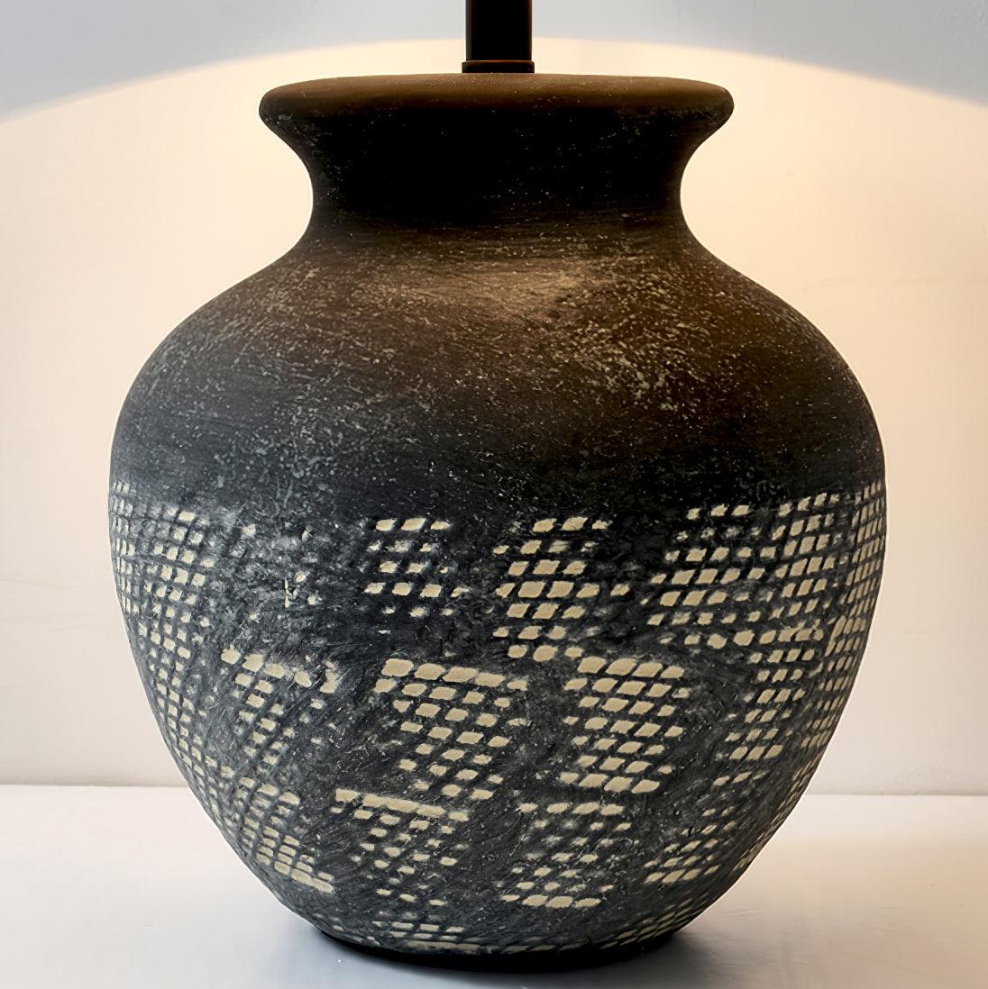 Ansel Modern Textured Black Ceramic Table Lamp with Beige Fabric Shade
