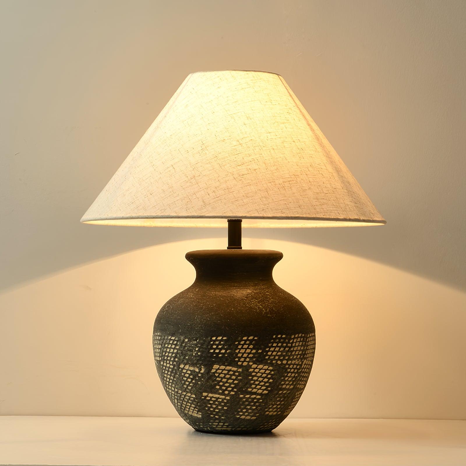 Ansel Modern Textured Black Ceramic Table Lamp with Beige Fabric Shade