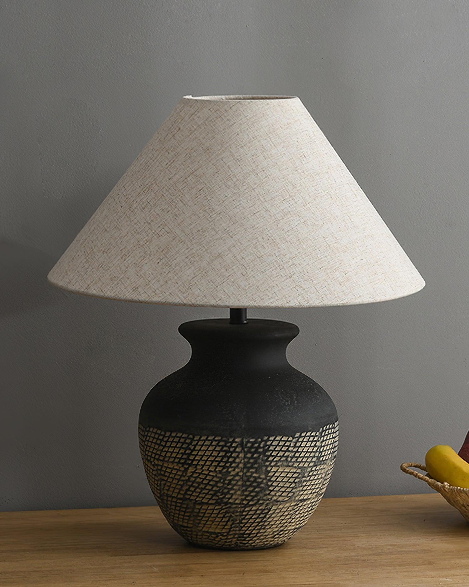 Ansel Modern Textured Black Ceramic Table Lamp with Beige Fabric Shade