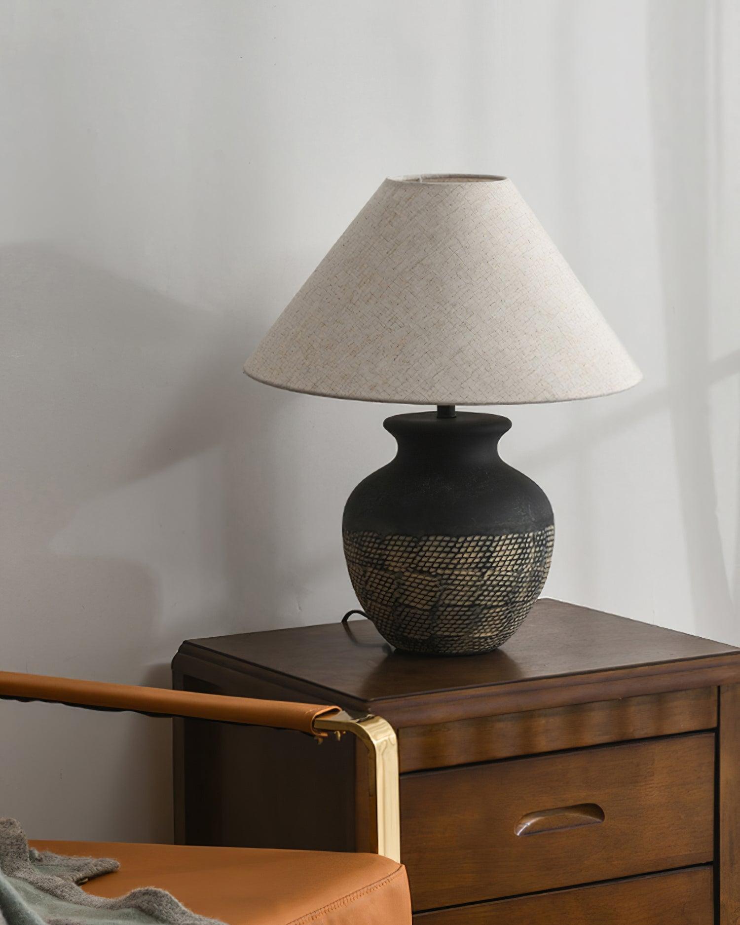 Ansel Modern Textured Black Ceramic Table Lamp with Beige Fabric Shade