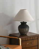 Ansel Modern Textured Black Ceramic Table Lamp with Beige Fabric Shade