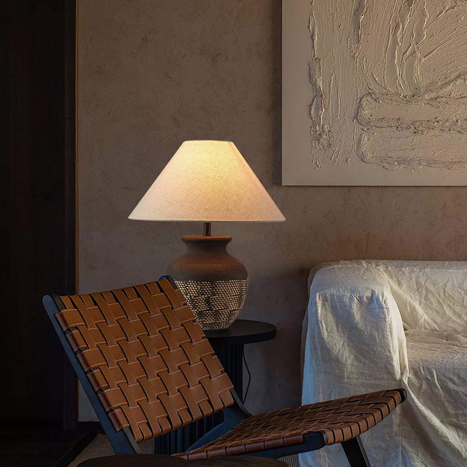 Ansel Modern Textured Black Ceramic Table Lamp with Beige Fabric Shade