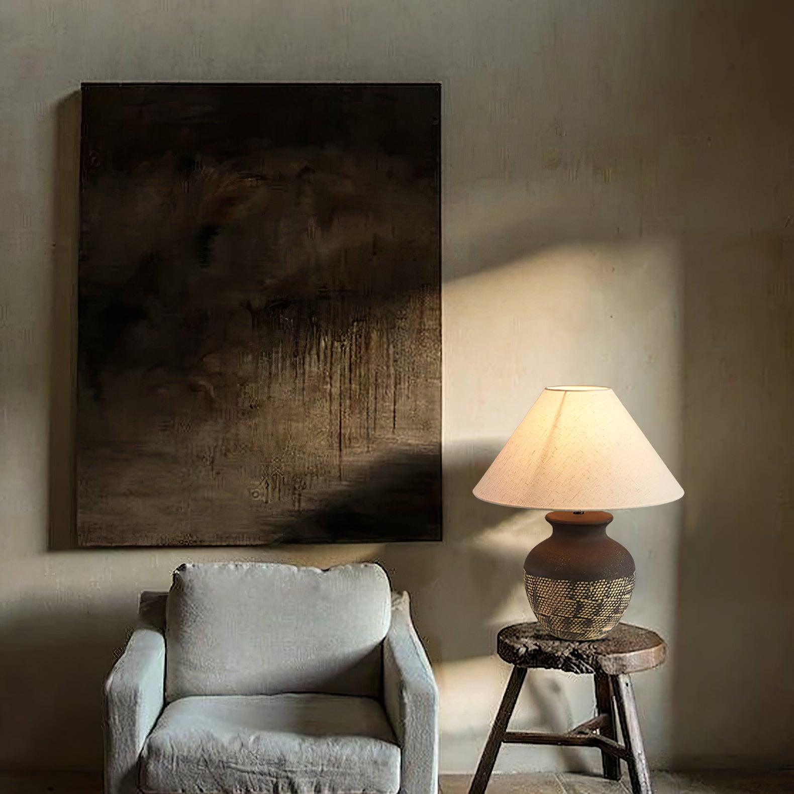 Ansel Modern Textured Black Ceramic Table Lamp with Beige Fabric Shade