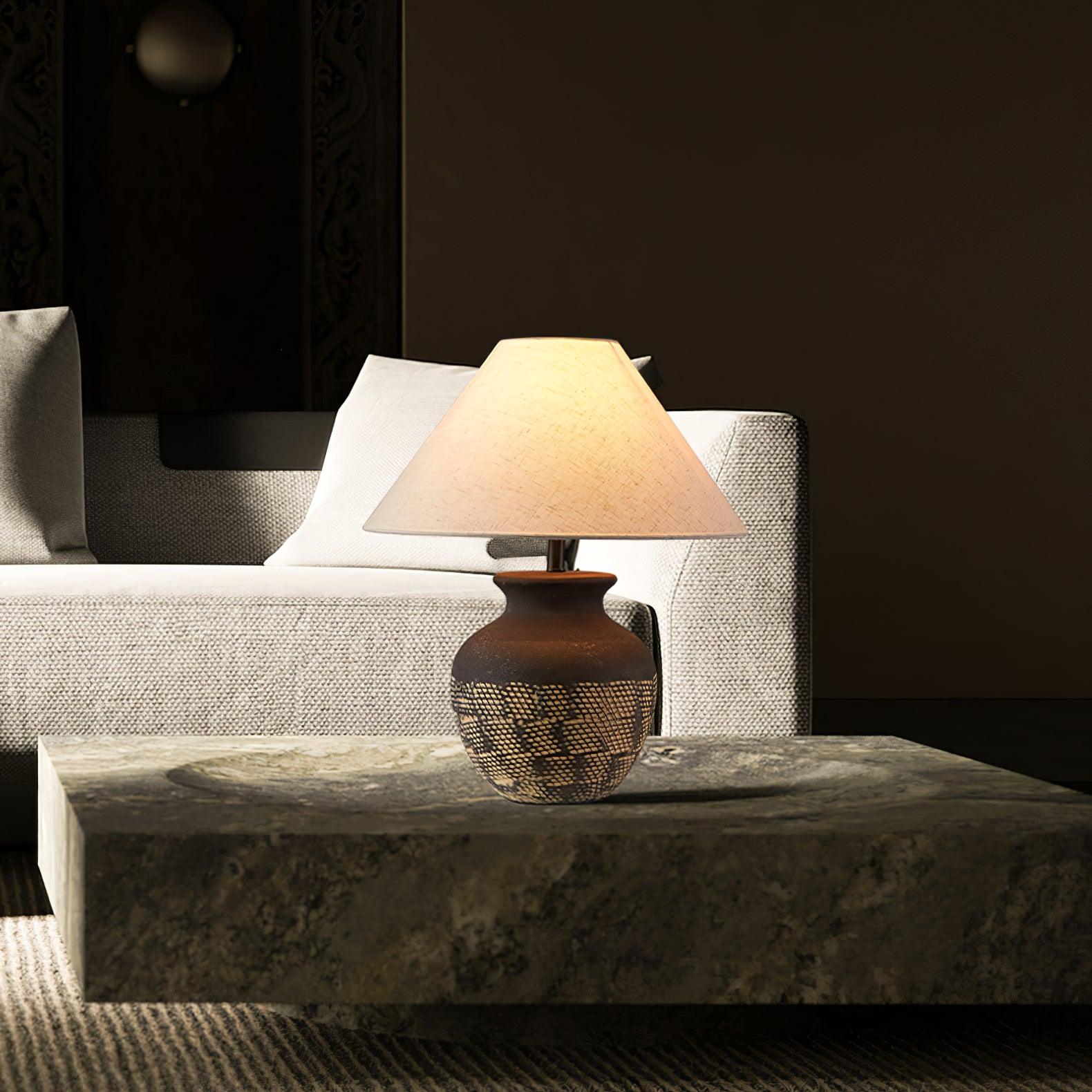 Ansel Modern Textured Black Ceramic Table Lamp with Beige Fabric Shade