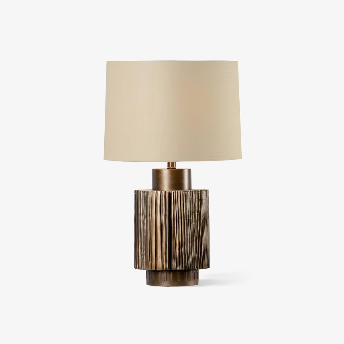 Elegant Antique Bronze Groove Table Lamp with Beige Fabric Shade for Bedroom and Office