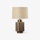 Elegant Antique Bronze Groove Table Lamp with Beige Fabric Shade for Bedroom and Office