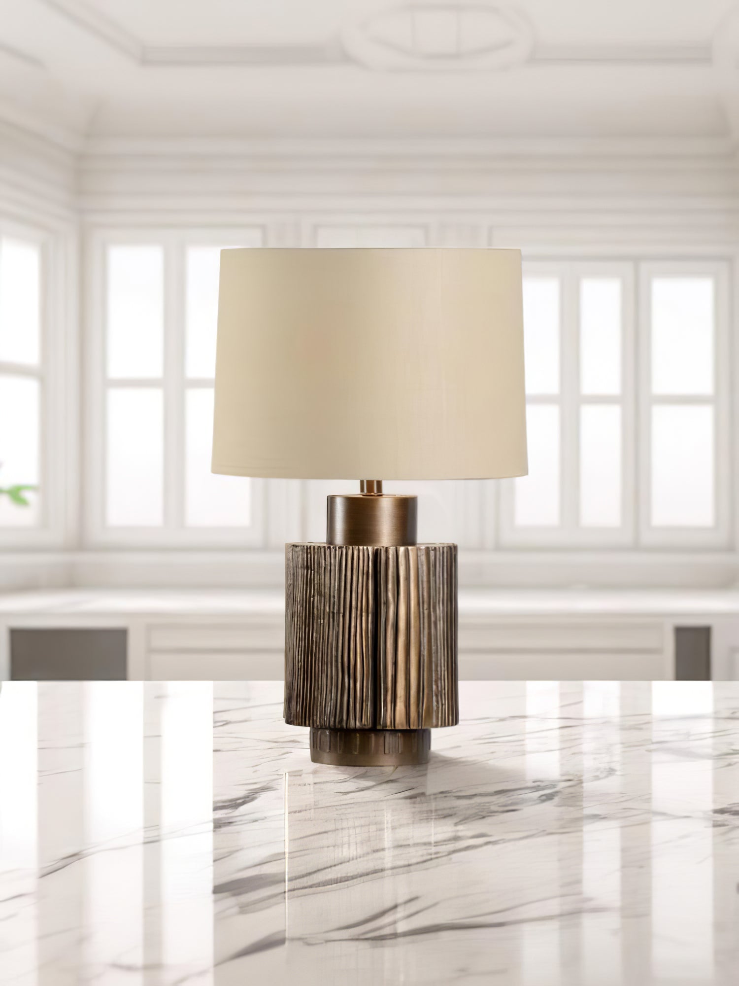 Elegant Antique Bronze Groove Table Lamp with Beige Fabric Shade for Bedroom and Office