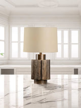 Elegant Antique Bronze Groove Table Lamp with Beige Fabric Shade for Bedroom and Office