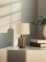 Elegant Antique Bronze Groove Table Lamp with Beige Fabric Shade for Bedroom and Office