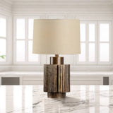 Elegant Antique Bronze Groove Table Lamp with Beige Fabric Shade for Bedroom and Office