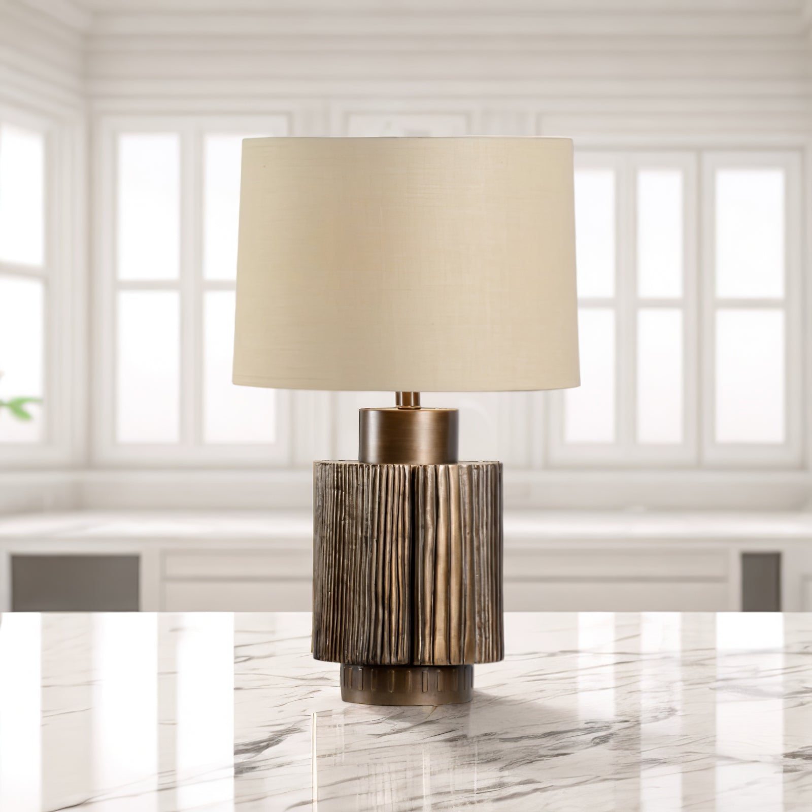 Elegant Antique Bronze Groove Table Lamp with Beige Fabric Shade for Bedroom and Office