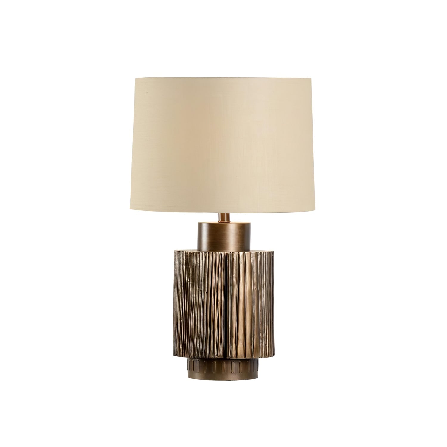 Elegant Antique Bronze Groove Table Lamp with Beige Fabric Shade for Bedroom and Office