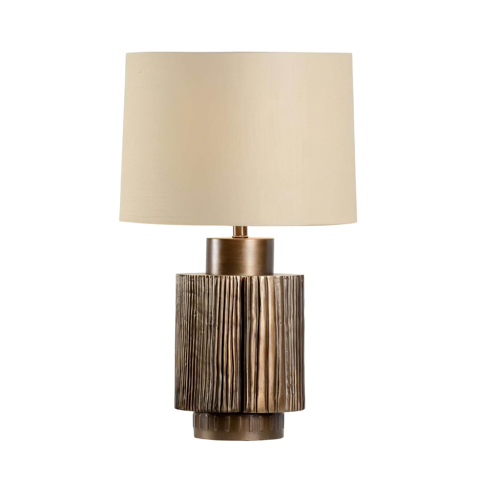 Elegant Antique Bronze Groove Table Lamp with Beige Fabric Shade for Bedroom and Office