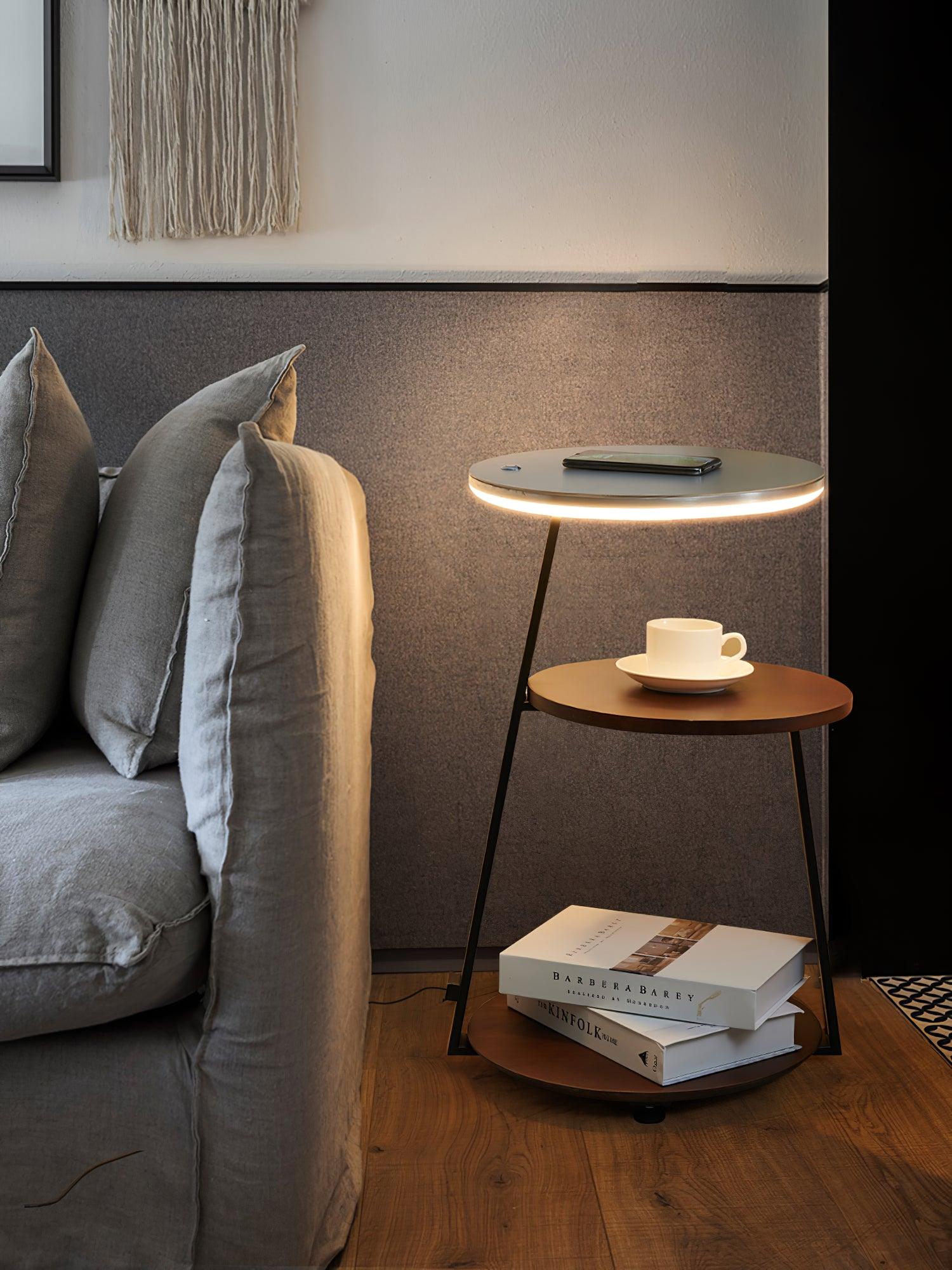 Modern Tiered LED Torchiere Floor Lamp with QI Wireless Charging and Wood Accents