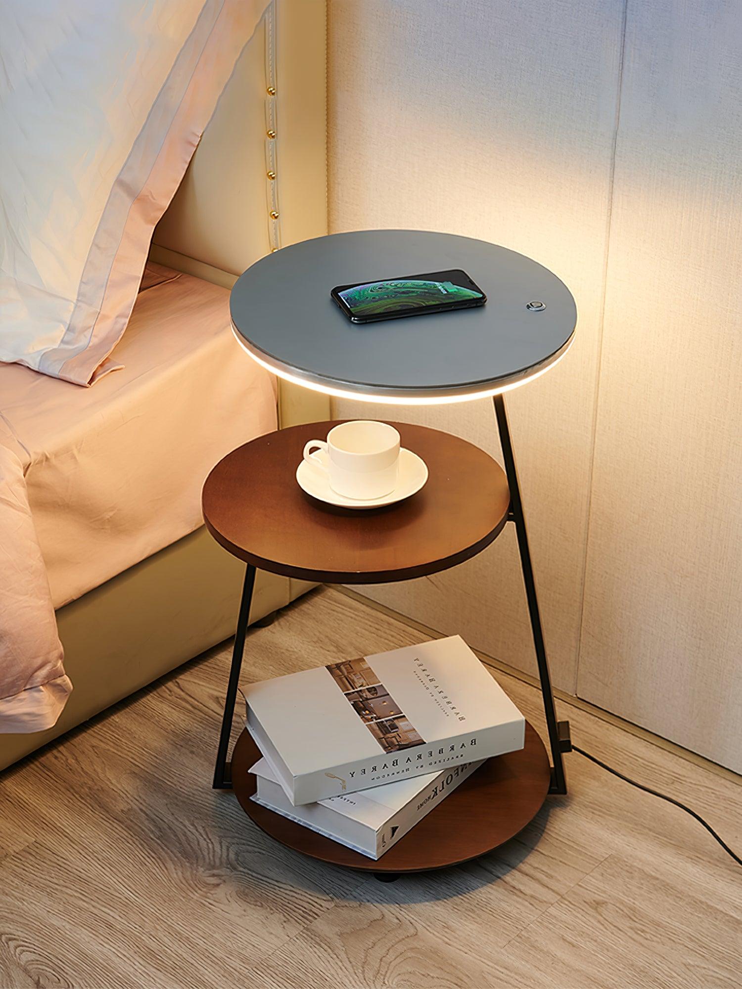 Modern Tiered LED Torchiere Floor Lamp with QI Wireless Charging and Wood Accents